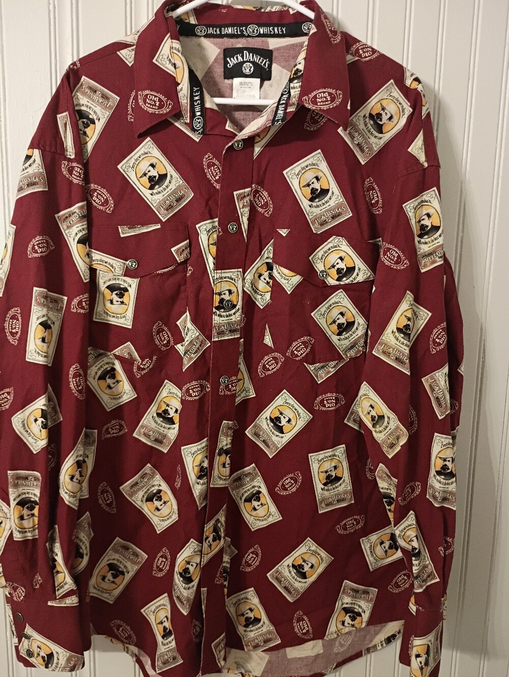 Jack Daniels Burgundy All-Over Label Print Button-Down Shirt Men's XXL